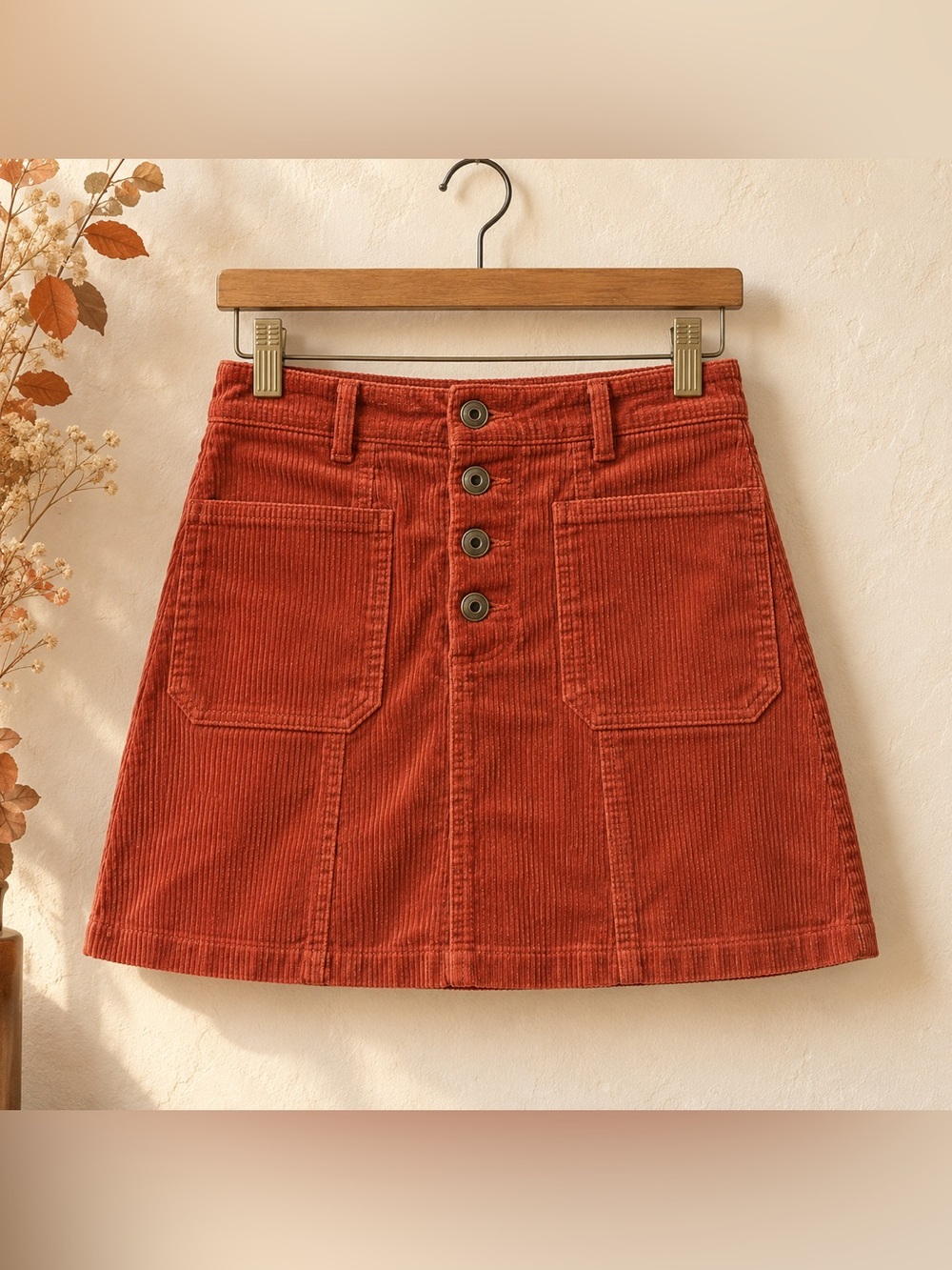 Zara TRF Rust Corduroy Mini Skirt XL Button Front Pockets NWT